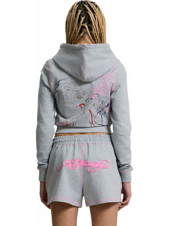 Ed Hardy Cropped Women's Sweatshirt Cardigan Hooded Grey