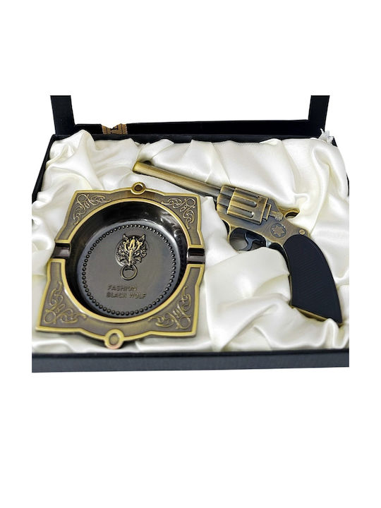 Outlaw Kit Men's Gift Set Box Ashtray Metal Lighter Revolver Model Vintage Bronze