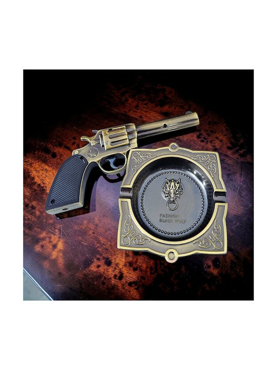 Set Cadou Pentru Bărbați Outlaw Cutie Cenușare Metalică Brichetă Model Revolver Vintage Bronz