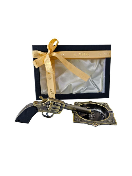 Set Cadou Pentru Bărbați Outlaw Cutie Cenușare Metalică Brichetă Model Revolver Vintage Bronz