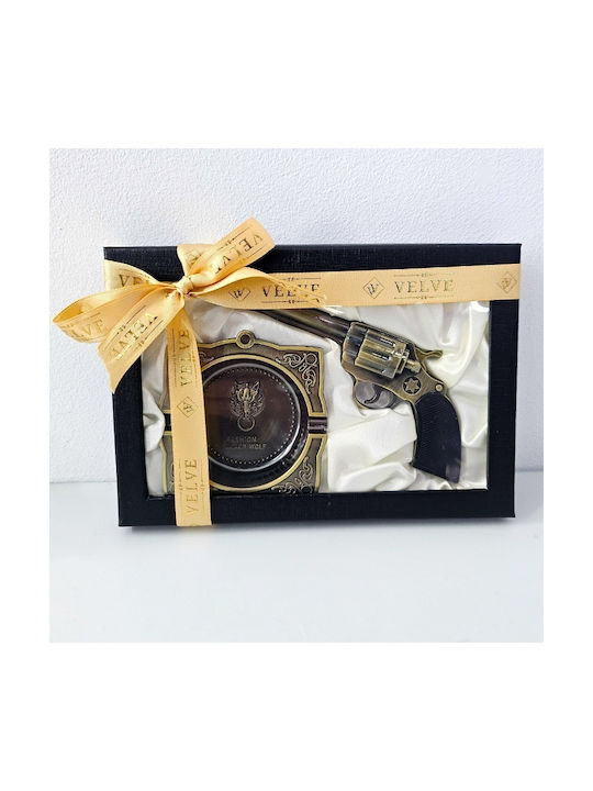 Set Cadou Pentru Bărbați Outlaw Cutie Cenușare Metalică Brichetă Model Revolver Vintage Bronz