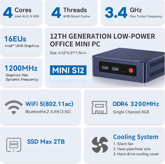 Beelink S12 Mini PC (N-Series N95/12GB DDR4/512GB SSD/W11 Pro)