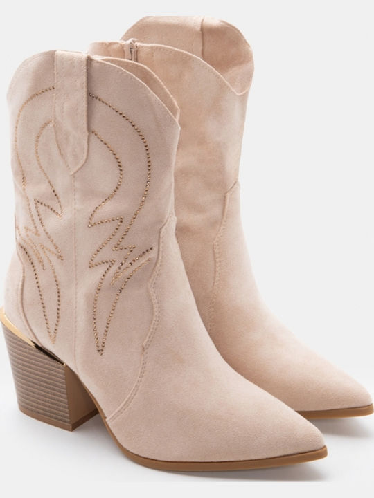 Women's Ankle Boots Cowboy with Medium Heel Beige