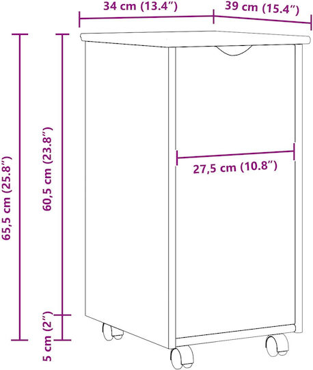 Office Storage Drawer from Solid Wood with Brown Wheels 34x39x65.5cm