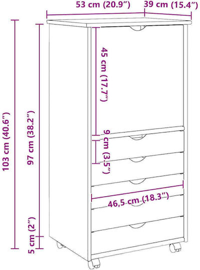 Sertar De Birou Din Lemn Masiv Cu Roți Gri 53x39x103cm