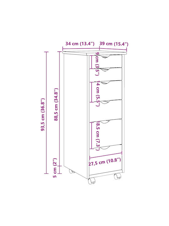 Office Drawer Made of Solid Wood with Wheels & Gray Drawers 34x39x93.5cm