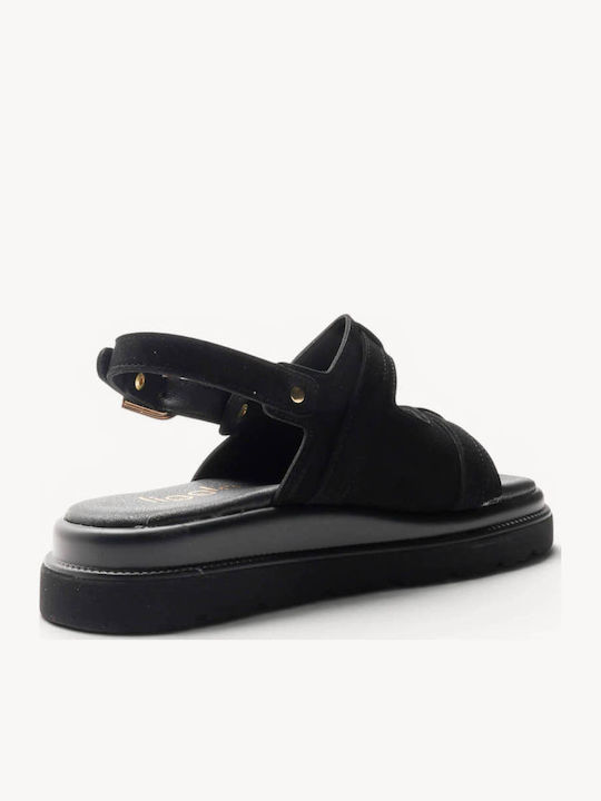 Μαύρα Δερμάτινα Flatforms Δύο Ρυθμιζόμενα Λουράκια