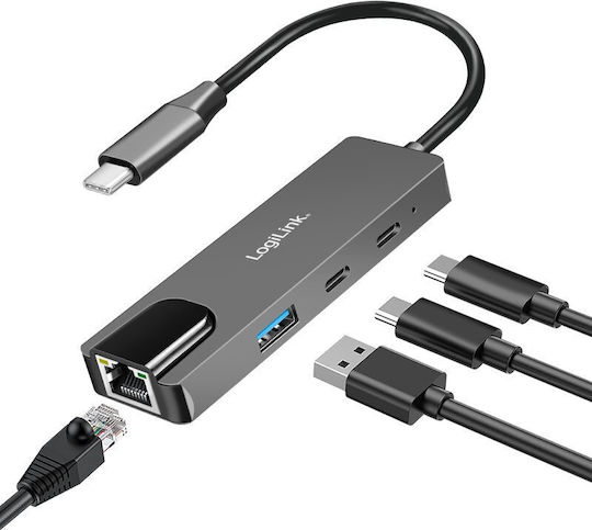 LogiLink Hub USB 3 Porturi USB 3.2 cu Conectare USB-C Ethernet Gri