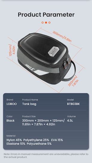 Loboo Motorrad-Tanktasche 4,5l Magnetisch 2520d Nylon Schwarz Grau