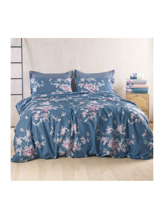 Rythmos Σετ Παπλωματοθήκη Βαμβακερή 225x250cm Υπέρδιπλη με 2 Μαξιλαροθήκες Springtime Μπλε Σκουρο