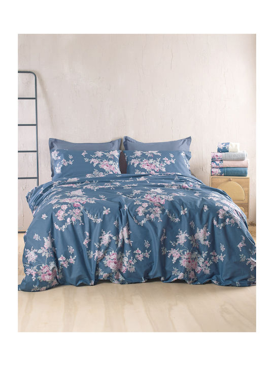 Rythmos Σετ Παπλωματοθήκη Βαμβακερή 225x250cm Υπέρδιπλη με 2 Μαξιλαροθήκες Springtime Μπλε Σκουρο