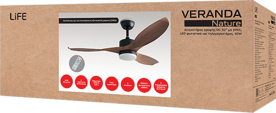 Life Veranda Ανεμιστήρας Οροφής 132cm με Φως Καφέ / Μαύρος