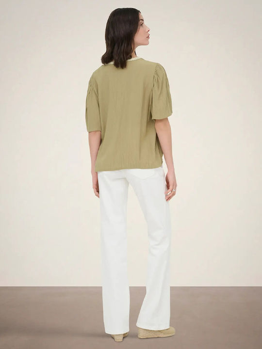 Women's Short Sleeve Blouse with V-Neckline Olive
