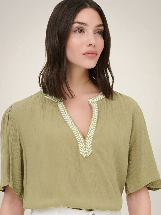 Women's Short Sleeve Blouse with V-Neckline Olive