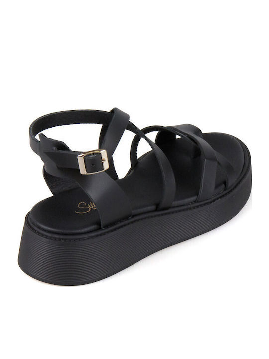 Leather Women's Flat Sandals Flatforms Black