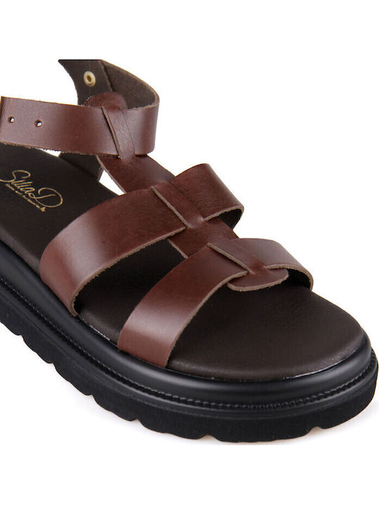 Leder Damen Flatforms Gladiator Braun