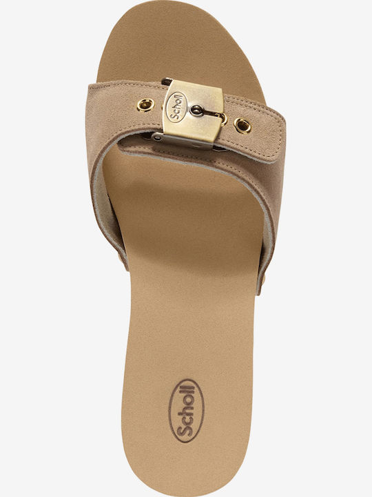 Pescura Suede Mules με Χοντρό Ψηλό Τακούνι σε Μπεζ Χρώμα