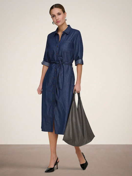 Summer Midi Shirt Dress Denim Blue