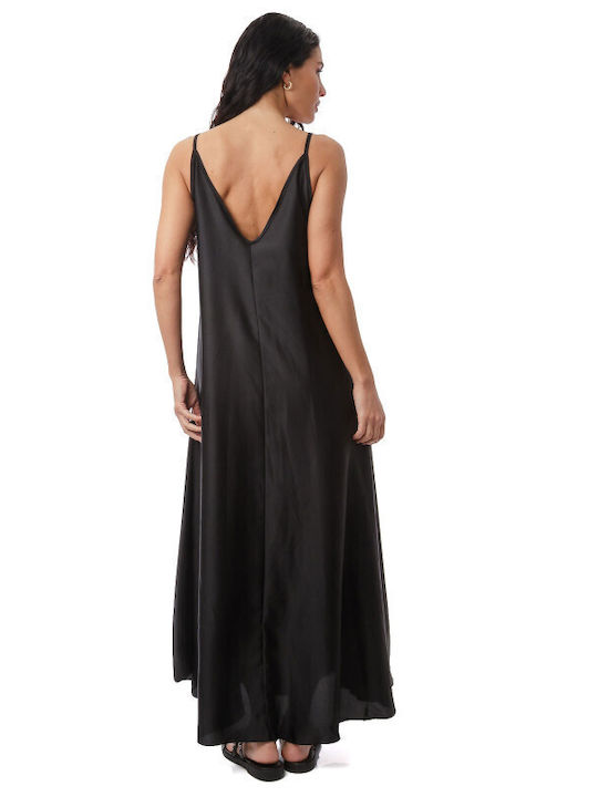 Sommer Maxi Wickel Damenkleid Satin Schwarz