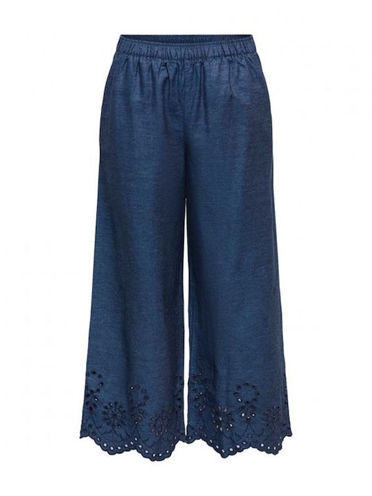Women's High Rise Fabric Trousers with Rubber Band Blue