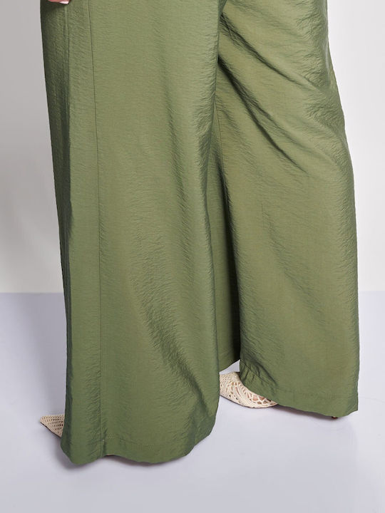 Pantaloni Dama Largi Din In Kaki Cu Talie Înaltă