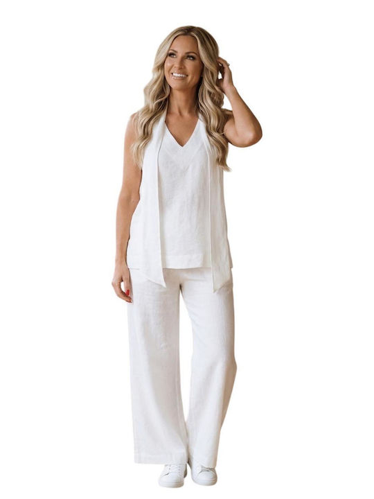 Women's Fabric Trousers with Rubber Band Ecru