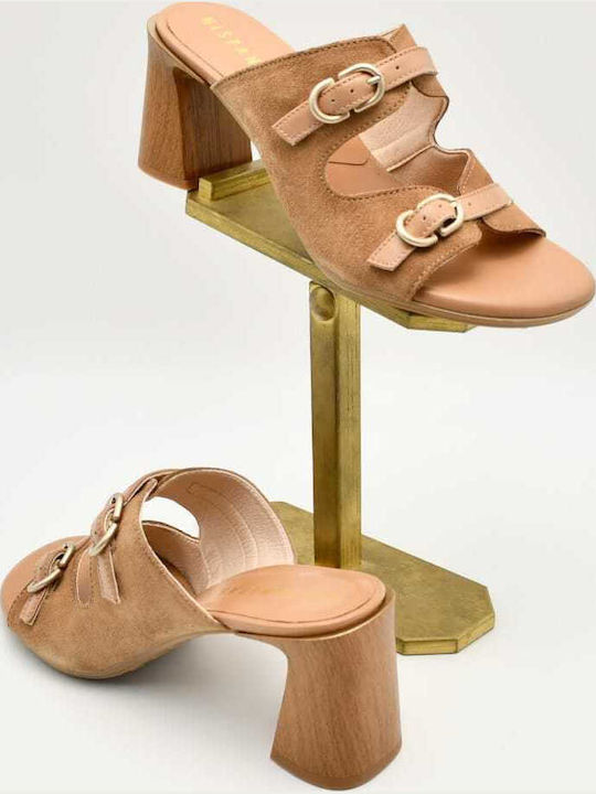 Suede Mules με Χοντρό Τακούνι σε Καφέ Χρώμα