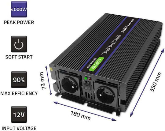 Qoltec Инвертор за кола Модифицирана синусоидална вълна 4000W за преобразуване на 12V DC в 230V AC