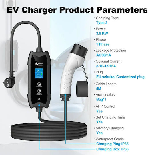 Feyree Portable Single Phase 3.5kW Charging Station with Built-in Cable Type 2