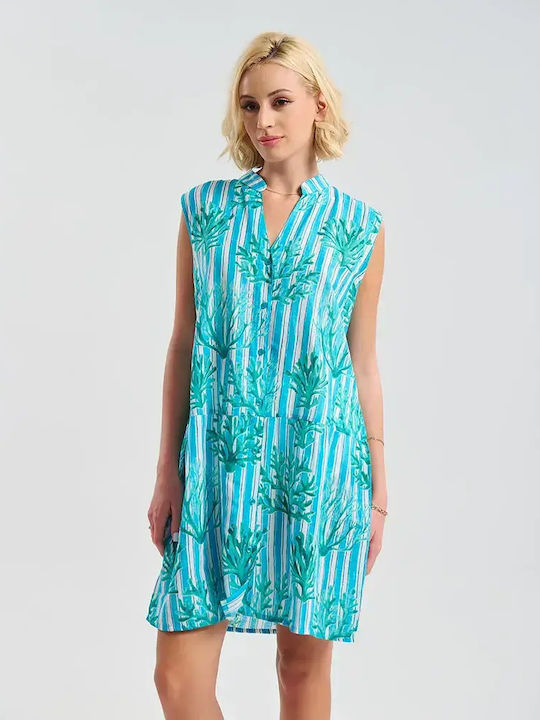 Ble Resort Collection Καφτάνι Παραλίας Λευκό/γαλαζιο Με Τυρκουαζ Λεπτομερειες