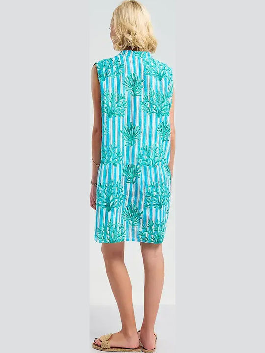 Ble Resort Collection Women's White/Light Blue Beach Caftan With Turquoise Details