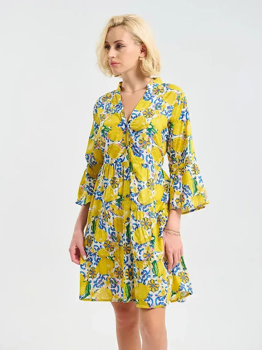 Ble Resort Collection Μανικια Φόρεμα Παραλίας Λευκο/κιτρινο/μπλε
