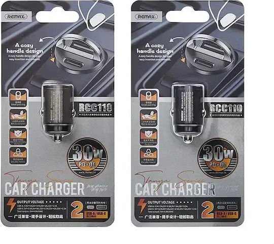 Remax Φορτιστής Αυτοκινήτου RCC110 30W 4.8A Γρήγορης Φόρτισης με Θύρες: 1xUSB 1xType-C Μαύρος