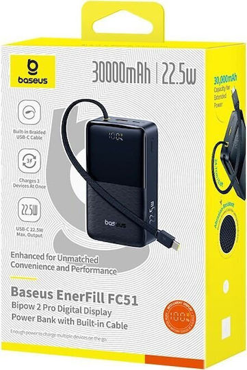 Baseus EnerFill FC51 Bipow 2 Pro Дигитална Външна Батерия 30000mAh 22.5W с 2 USB-A Изходни Порта и USB-C Изходен Порт Power Delivery / Бързо Зареждане Черна