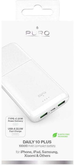 Puro Daily 10 Plus Power Bank 10000mAh 22.5W με 2 Θύρες USB-A και Θύρα USB-C Power Delivery Λευκό