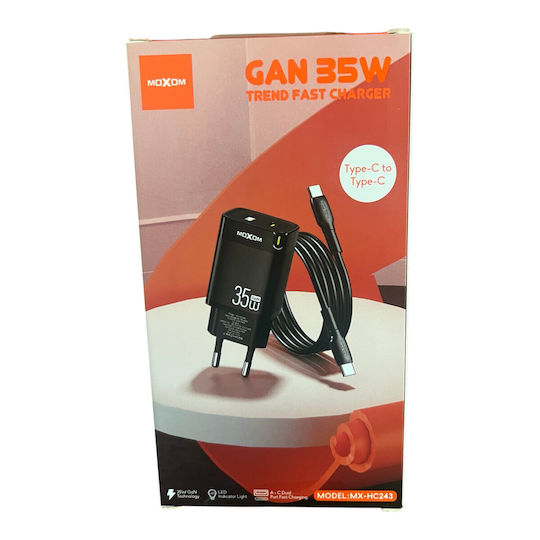 Moxom Mobile Phone Charger with USB-A Output Port and USB-C Output Port and USB-C - USB-C Cable 35W Black MX-HC243