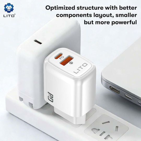 Lito Wireless Charger With USB-A Output Port And USB-C Output Port 20W Power Delivery White (LC28)
