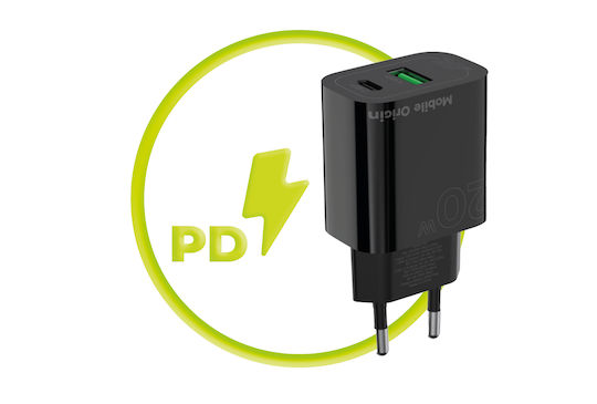 Mobile Origin Charger Without Cable with USB-A Port and USB-C Port 20W Power Delivery Black (MO12)