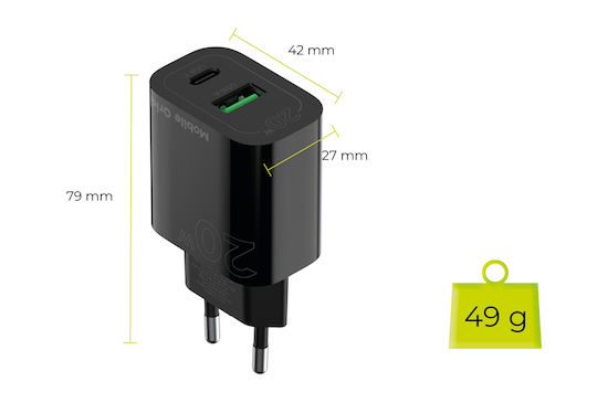 Mobile Origin Charger Without Cable with USB-A Port and USB-C Port 20W Power Delivery Black (MO12)