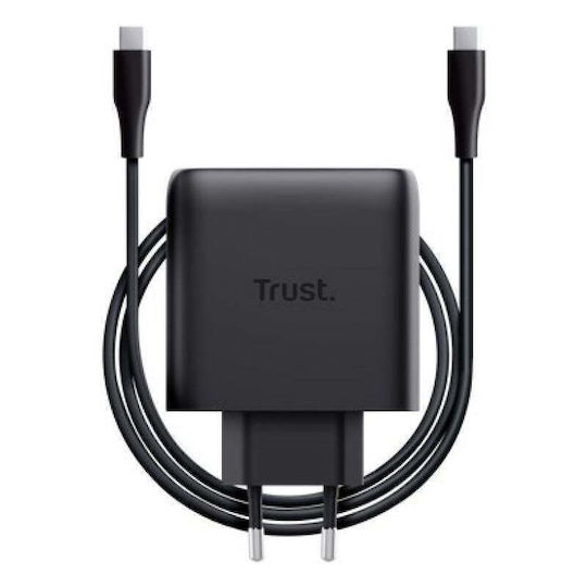 Trust GaN Charger with 2 USB-C Output Ports and USB-C - USB-C Cable 65W Power Delivery Black