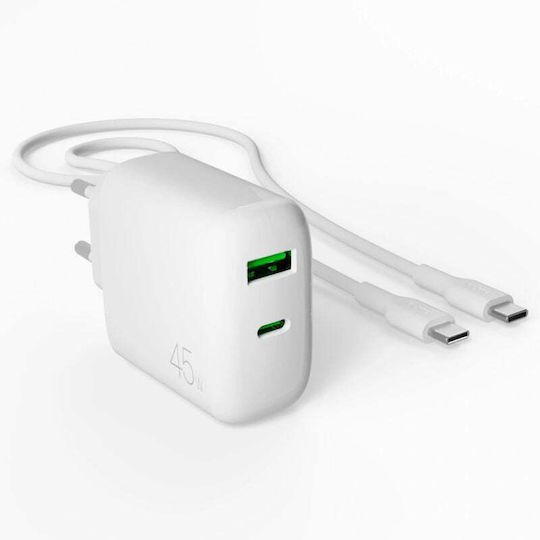 Puro Charger with USB-A Port and USB-C Port and Cable USB-C - USB-C 45W Power Delivery Whites (Prolite)