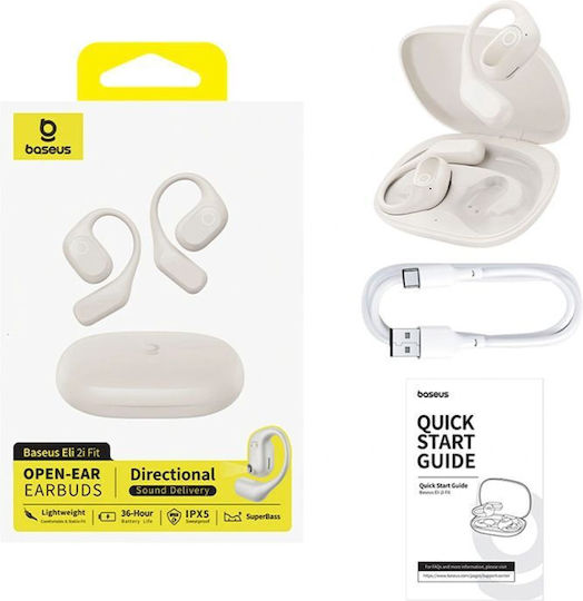 Baseus Eli 2i Fit Open Ear Bluetooth Handsfree Headphones with Sweat Resistance and Charging Case White