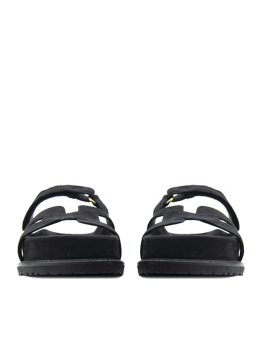 Δερμάτινα Γυναικεία Ανατομικά Σανδάλια Flatforms Μαύρα