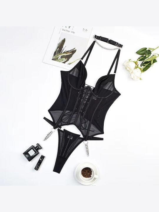 Roza Rz6086 Διάφανο Bodysuit Κορσέ & Deep V – Sexy Lingerie Μαύρο