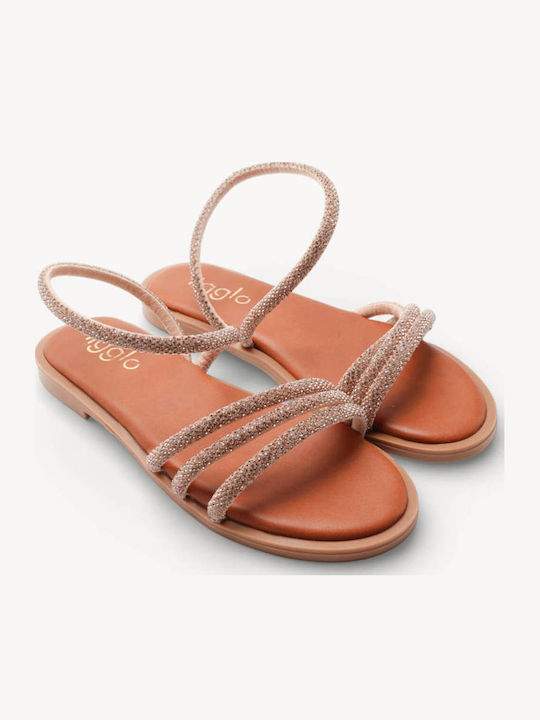 Bronzefarbene Made In Greece Flache Sandalen für Damen mit Dreifachriemen und Strass