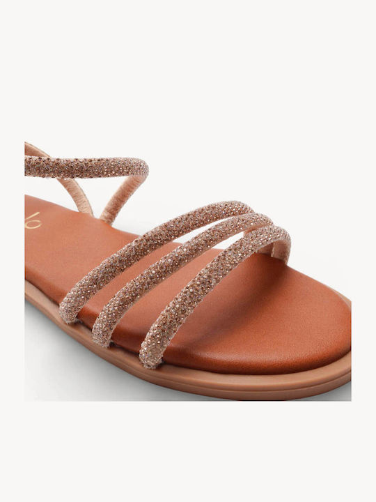 Bronzefarbene Made In Greece Flache Sandalen für Damen mit Dreifachriemen und Strass