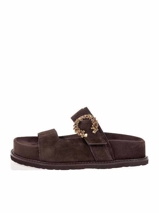 Δερμάτινα Γυναικεία Ανατομικά Σανδάλια Flatforms Καφέ