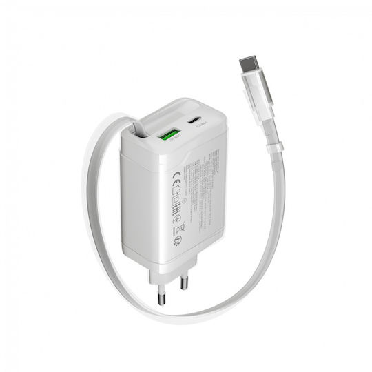 Canyon Φορτιστής Χωρίς Καλώδιο GaN με Θύρα USB-A και Θύρα USB-C και Καλώδιο USB-C 65W Power Delivery Λευκός (CNS-CURC65ACW)
