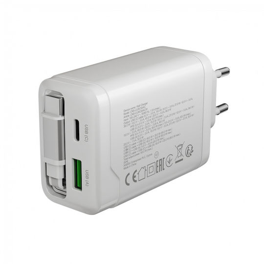 Canyon Φορτιστής Χωρίς Καλώδιο GaN με Θύρα USB-A και Θύρα USB-C και Καλώδιο USB-C 65W Power Delivery Λευκός (CNS-CURC65ACW)
