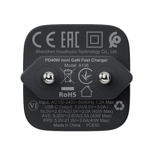 Acefast Charger Without Cable GaN With USB-C Port 40W Black (A136)